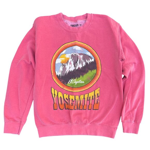 Forever 21 Yosemite Graphic Sweatshirt Small Pink Cotton Blend Crewneck - Picture 1 of 6